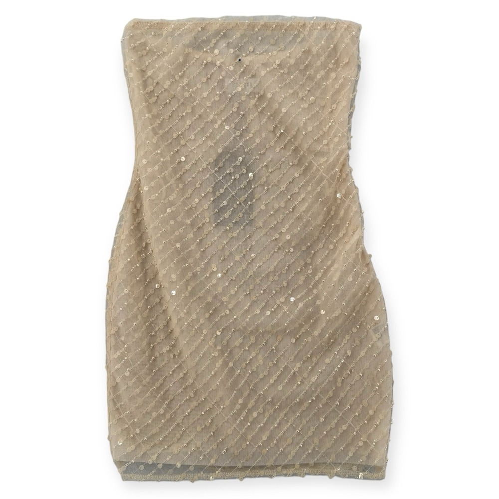 Meshki Tan Strapless Ruched Cocktail Mini Dress